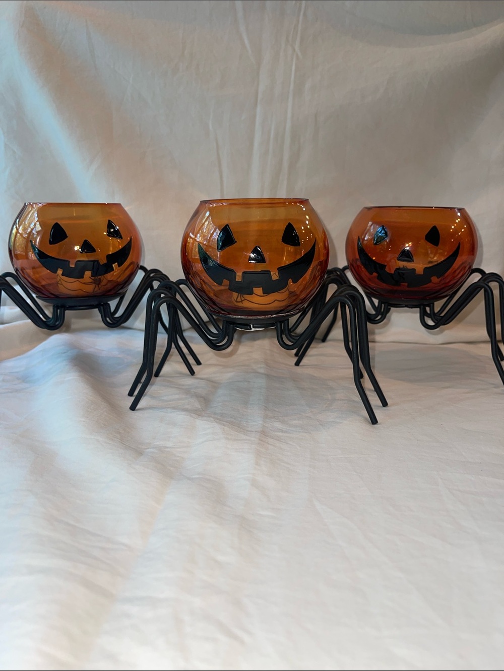 Set of 3 Glass Pumpkin Spider tea light holders